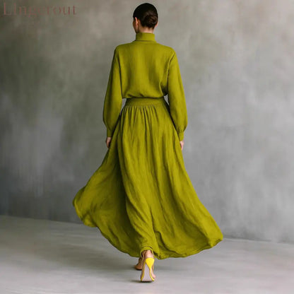 Olive Green Crinkled Linen Mock Neck Crop Top Wide Leg Maxi Pant Two Piece Set