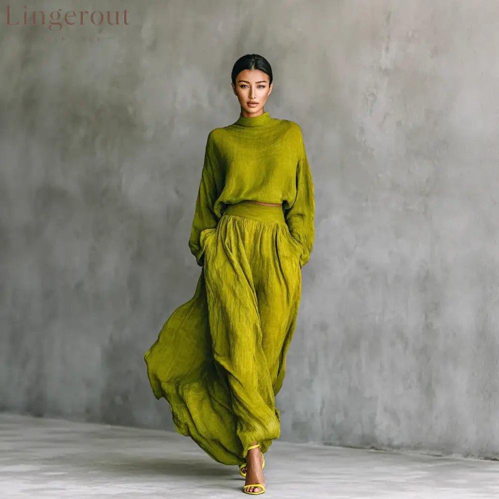 Olive Green Crinkled Linen Mock Neck Crop Top Wide Leg Maxi Pant Two Piece Set