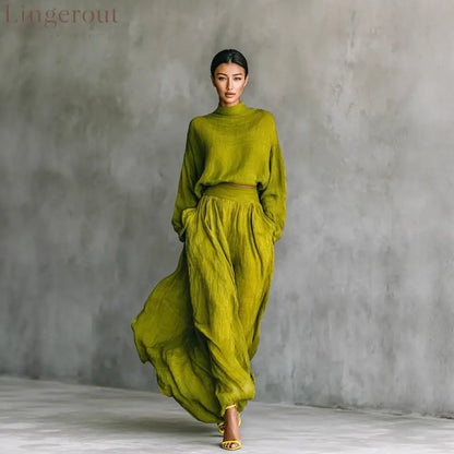 Olive Green Crinkled Linen Mock Neck Crop Top Wide Leg Maxi Pant Two Piece Set