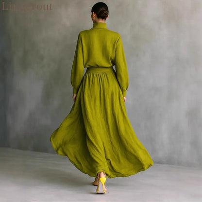 Olive Green Crinkled Linen Mock Neck Crop Top Wide Leg Maxi Pant Two Piece Set