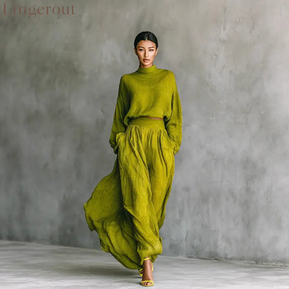 Olive Green Crinkled Linen Mock Neck Crop Top Wide Leg Maxi Pant Two Piece Set - Green / S