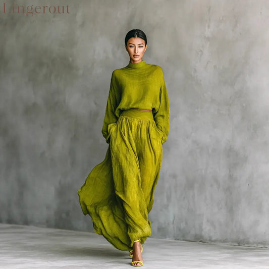 Olive Green Crinkled Linen Mock Neck Crop Top Wide Leg Maxi Pant Two Piece Set - Green / S