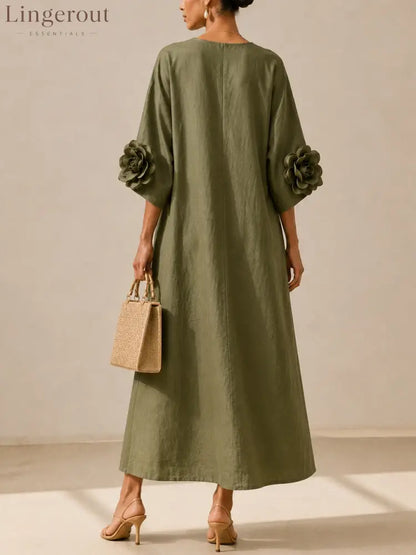 Olive Green V-neck Midi Dress With Striking Floral Cuffs
