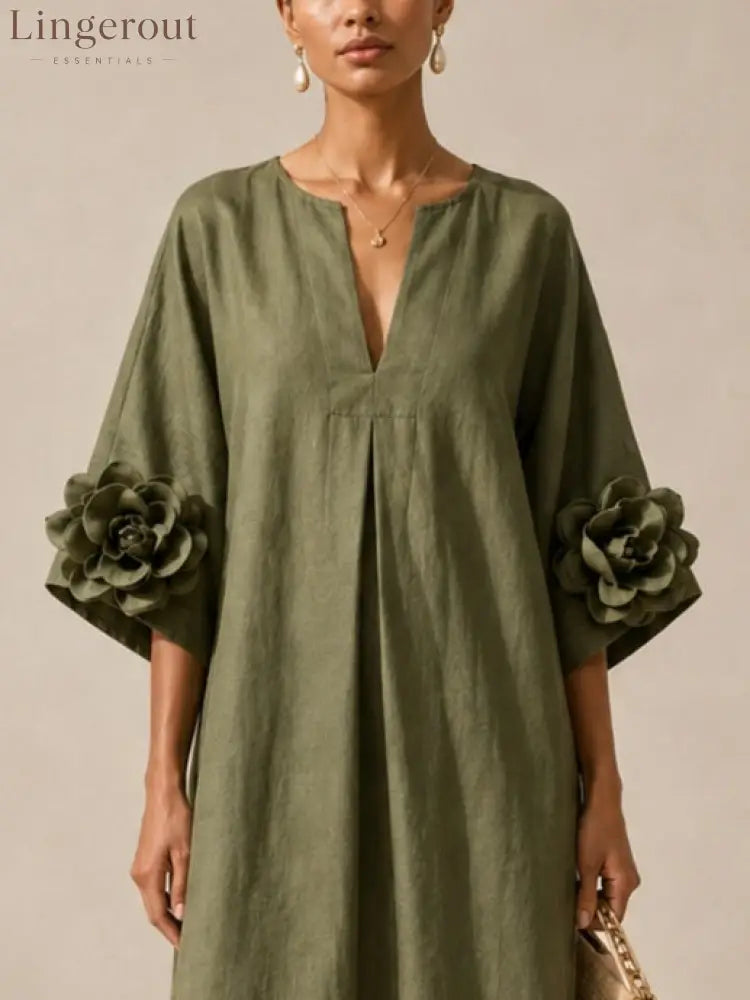 Olive Green V-neck Midi Dress With Striking Floral Cuffs