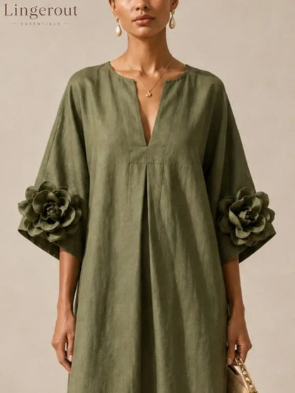 Olive Green V-neck Midi Dress With Striking Floral Cuffs
