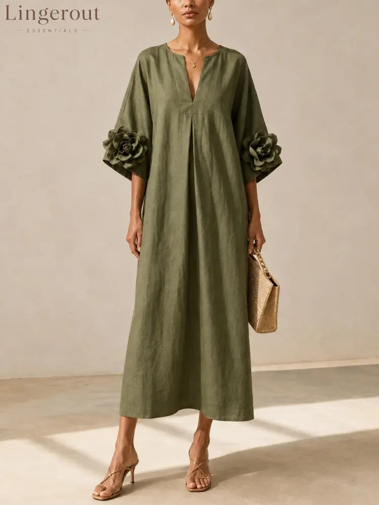 Olive Green V-neck Midi Dress With Striking Floral Cuffs