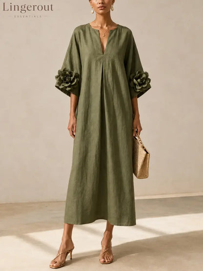 Olive Green V-neck Midi Dress With Striking Floral Cuffs