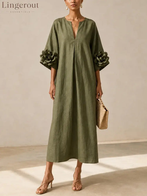 Olive Green V-neck Midi Dress With Striking Floral Cuffs
