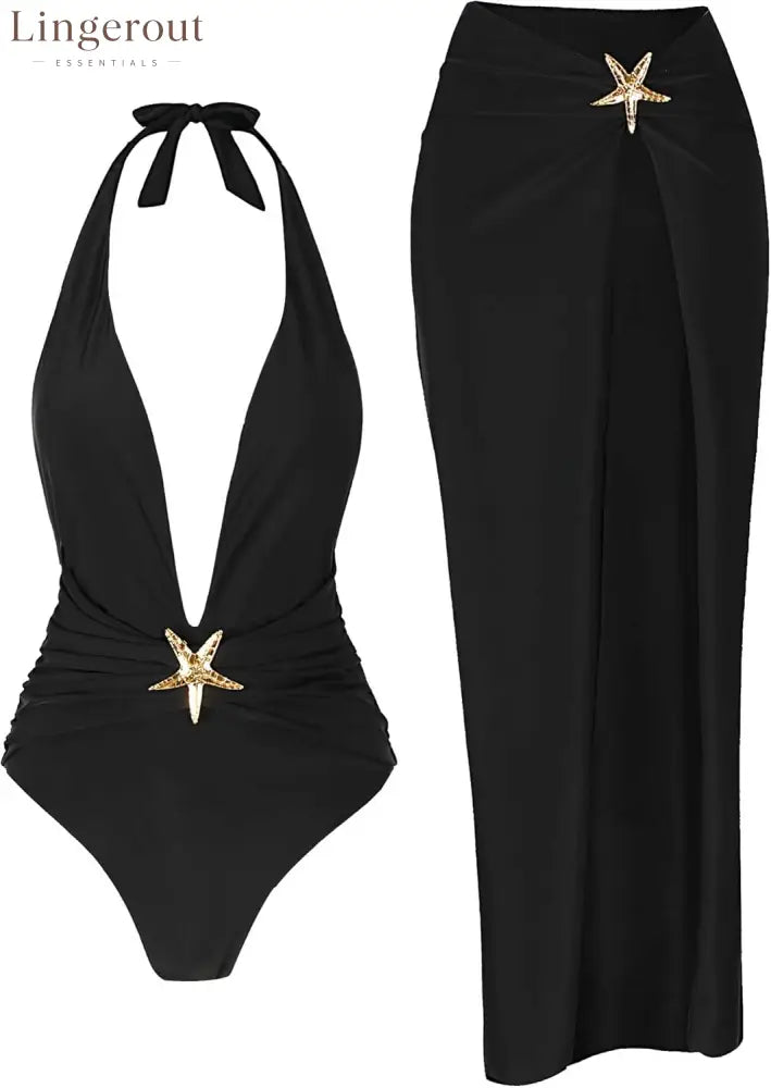 One Piece Swimsuit with Cover up Skirt Starfish Swimwear Sets for Women Halter Bathing Suits Vacation Beach Dresses