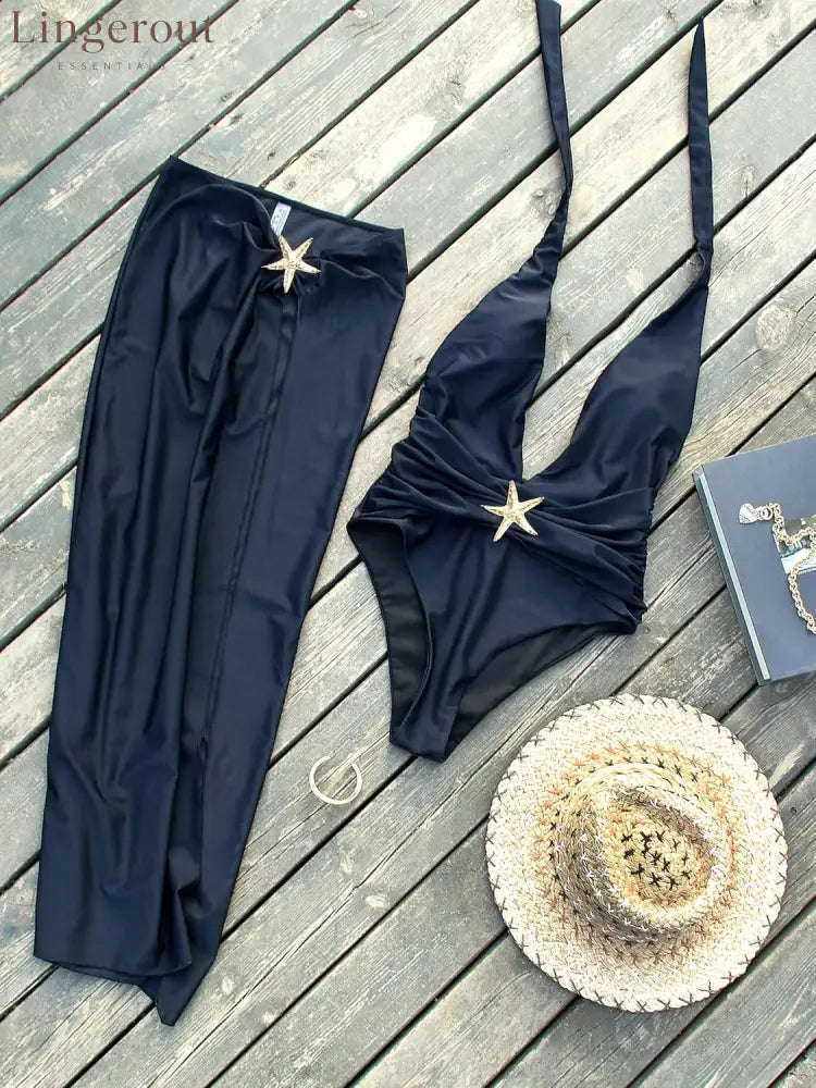 One Piece Swimsuit with Cover up Skirt Starfish Swimwear Sets for Women Halter Bathing Suits Vacation Beach Dresses