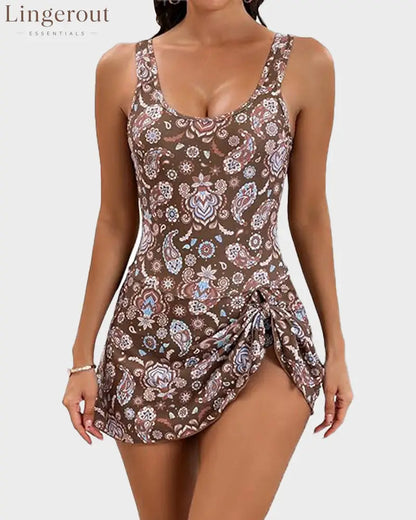 One Piece Tummy Control Tie Knot Swimsuits - Brown / S