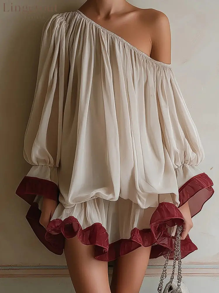 One-Shoulder Balloon Sleeve Mini Dress with Contrast Ruffle Hem - Ivory / S