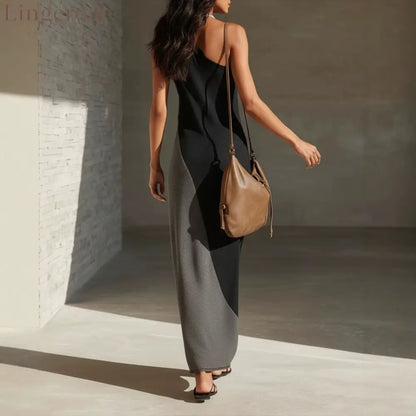 One-Shoulder Color-Block Cut-Out Maxi Dress