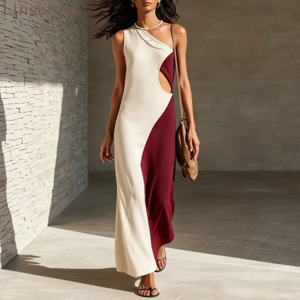 One-Shoulder Color-Block Cut-Out Maxi Dress
