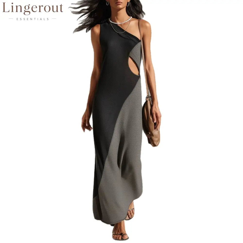 One-Shoulder Color-Block Cut-Out Maxi Dress
