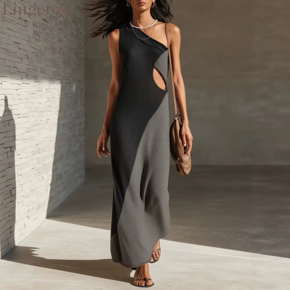 One-Shoulder Color-Block Cut-Out Maxi Dress
