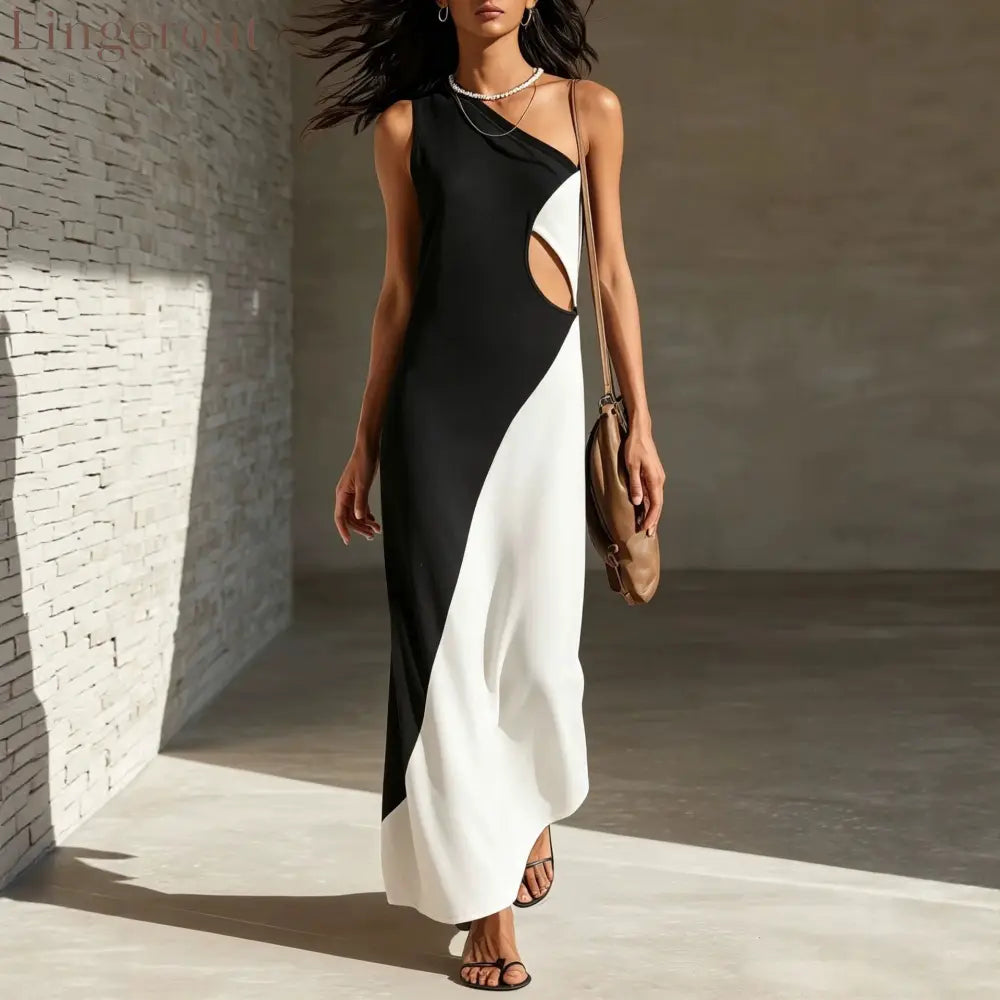 One-Shoulder Color-Block Cut-Out Maxi Dress