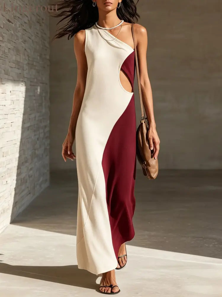 One-Shoulder Color-Block Cut-Out Maxi Dress - Apricot and red / S
