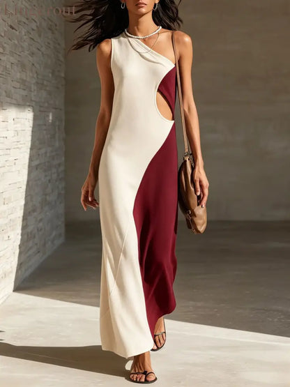 One-Shoulder Color-Block Cut-Out Maxi Dress - Apricot and red / S