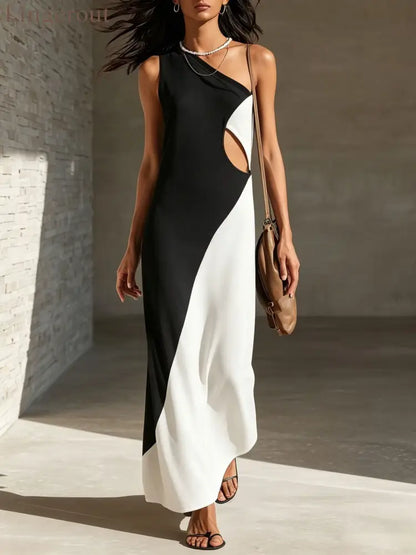 One-Shoulder Color-Block Cut-Out Maxi Dress - Black and white / S