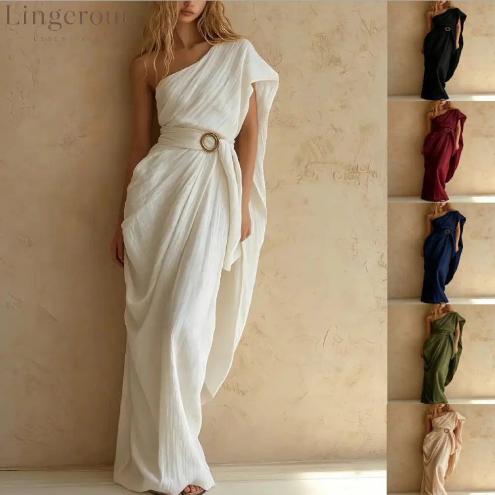 One-Shoulder Draped Belted Maxi Dress