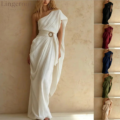One-Shoulder Draped Belted Maxi Dress