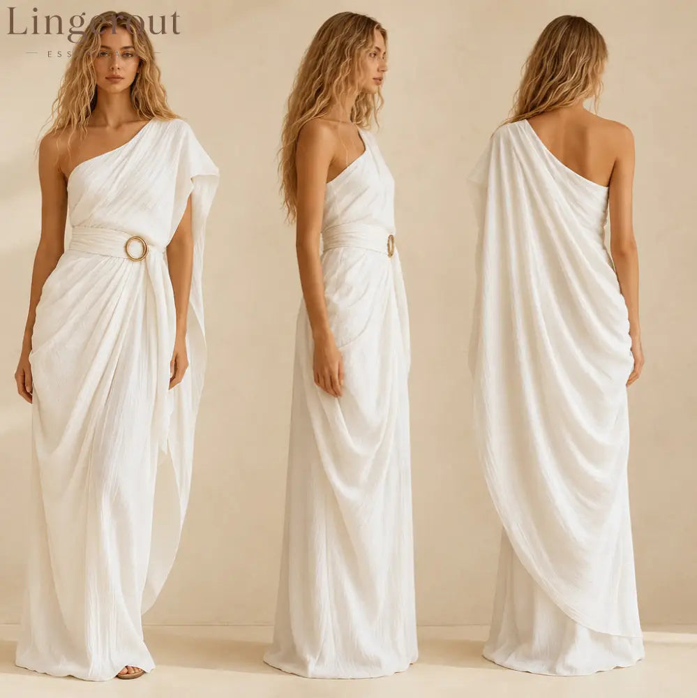 One-Shoulder Draped Belted Maxi Dress