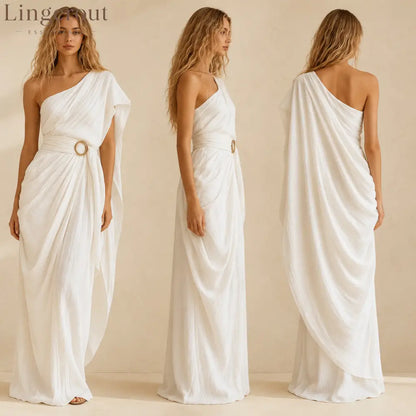 One-Shoulder Draped Belted Maxi Dress