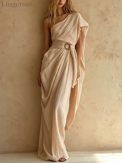 One-Shoulder Draped Belted Maxi Dress - Apricot / S