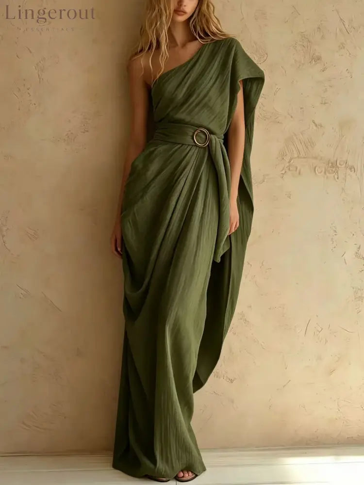 One-Shoulder Draped Belted Maxi Dress - Army green / S