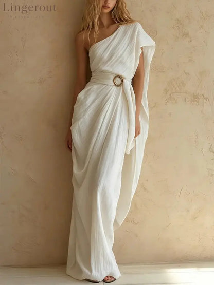 One-Shoulder Draped Belted Maxi Dress - White / S