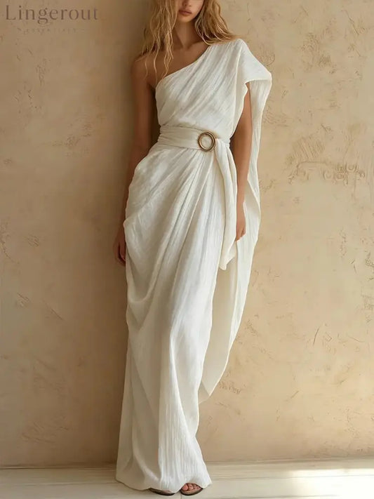 One-Shoulder Draped Belted Maxi Dress - White / S