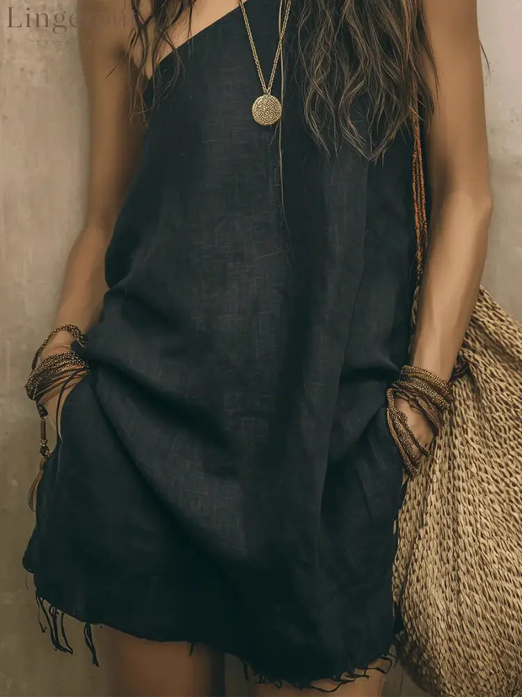 One‑Shoulder Frayed Hem Linen Blend Mini Dress With Pockets