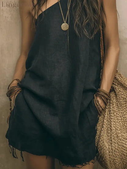 One‑Shoulder Frayed Hem Linen Blend Mini Dress With Pockets