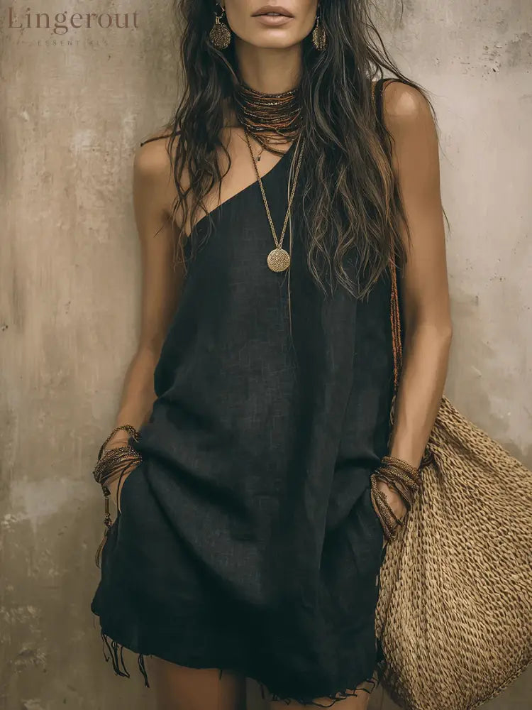 One‑Shoulder Frayed Hem Linen Blend Mini Dress With Pockets