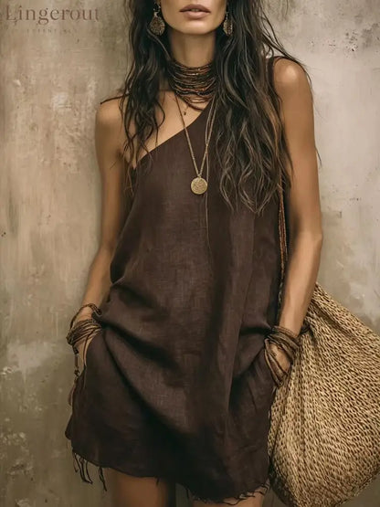One‑Shoulder Frayed Hem Linen Blend Mini Dress With Pockets - Coffee / S