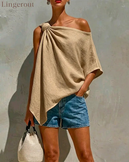 One-Shoulder Knot Asymmetric Blouses - Khaki / S