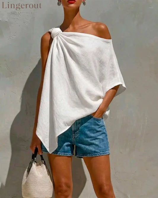 One-Shoulder Knot Asymmetric Blouses - White / S