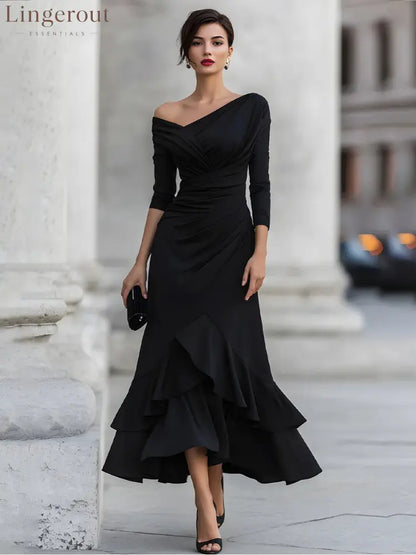 One-Shoulder Ruched Asymmetric Ruffle Hem Midi Dress