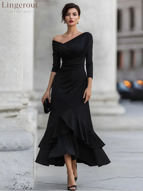 One-Shoulder Ruched Asymmetric Ruffle Hem Midi Dress
