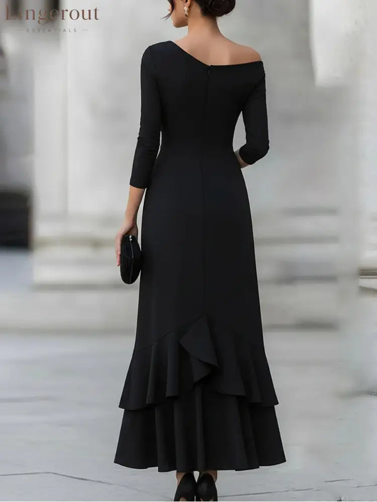 One-Shoulder Ruched Asymmetric Ruffle Hem Midi Dress