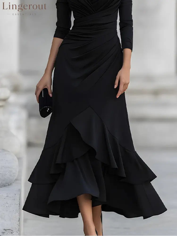 One-Shoulder Ruched Asymmetric Ruffle Hem Midi Dress