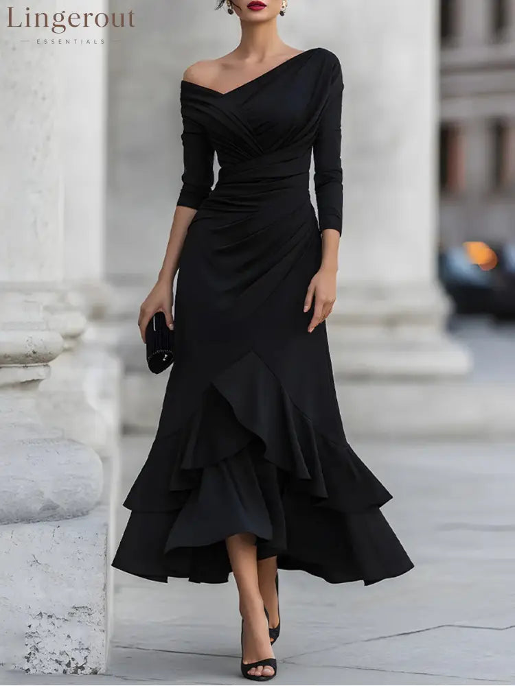 One-Shoulder Ruched Asymmetric Ruffle Hem Midi Dress - S / Black