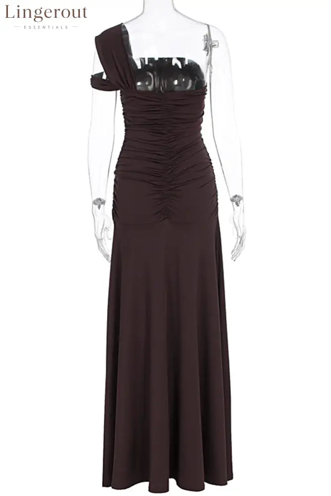 One Shoulder Ruched High Slit Slim Fit Solid Color Party Maxi Dresses-Brown
