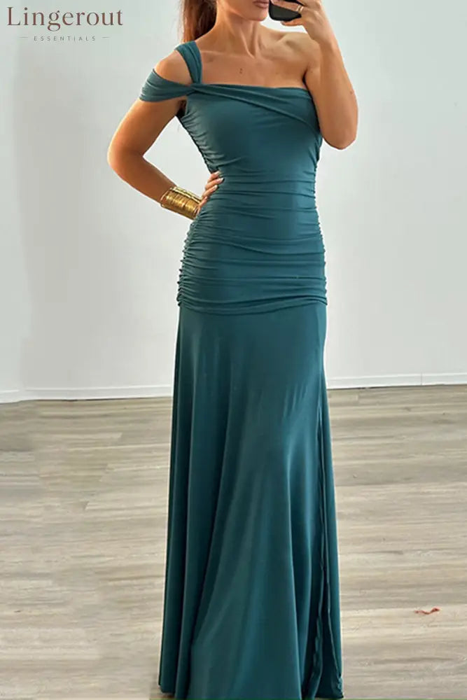 One Shoulder Ruched High Slit Slim Fit Solid Color Party Maxi Dresses-Brown - Green / S