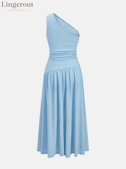 One-Shoulder Ruched Textured Midi Dress