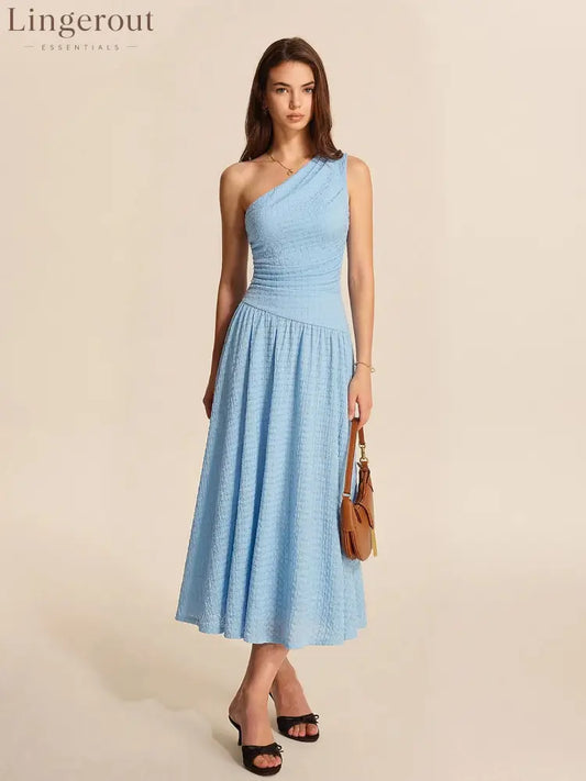 One-Shoulder Ruched Textured Midi Dress - Blue / XS