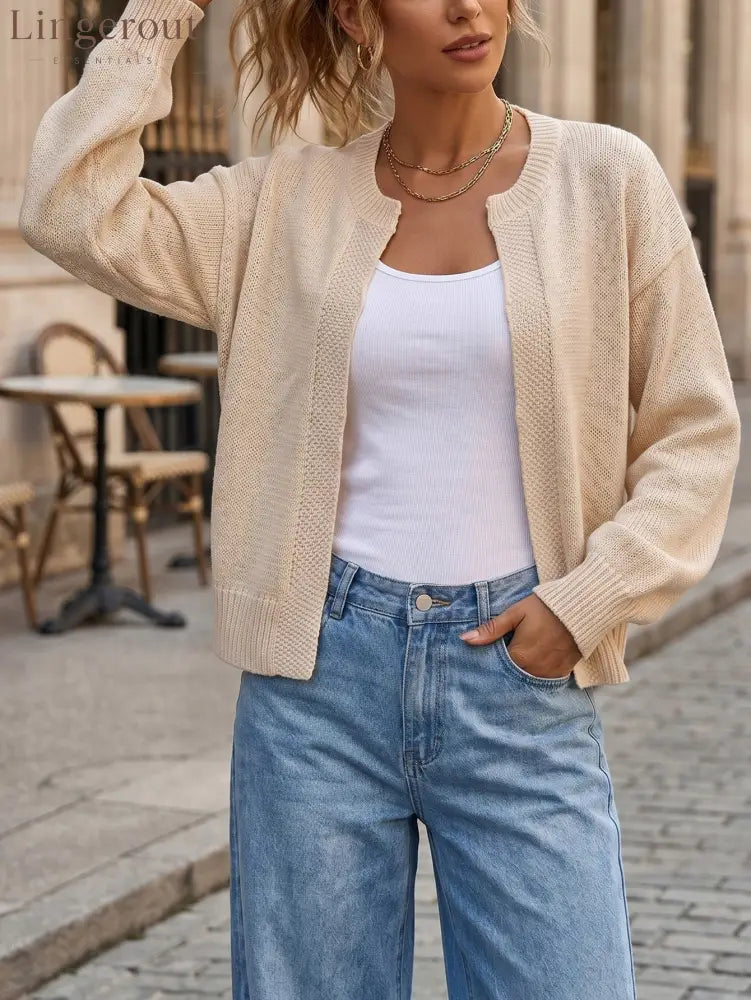 Open-Front Textured Knit Cardigan - Apricot / S