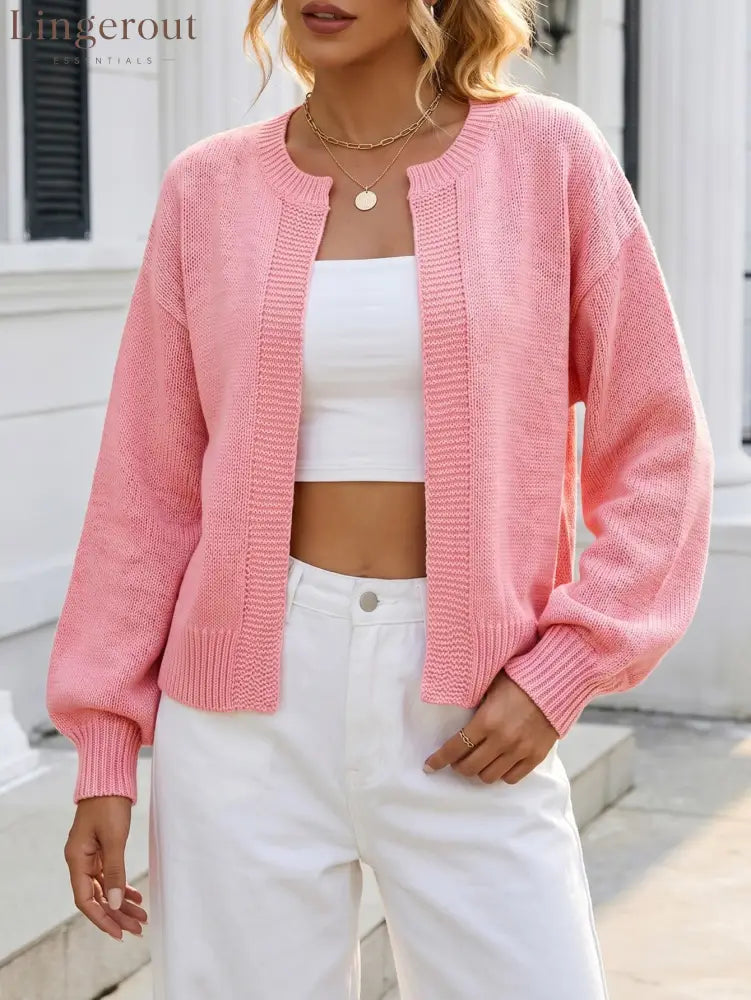 Open-Front Textured Knit Cardigan - Pink / S