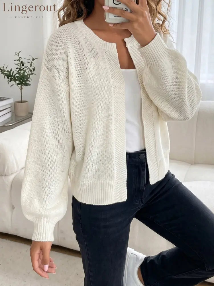Open-Front Textured Knit Cardigan - White / S